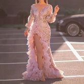 Robe de soirée rose fendue en maille à paillettes